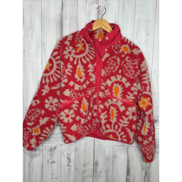 Free People Jackets & Blazers - Free People Movement Pink Floral Small Rocky Ridge Fleece Sherpa Jacket Snap Up